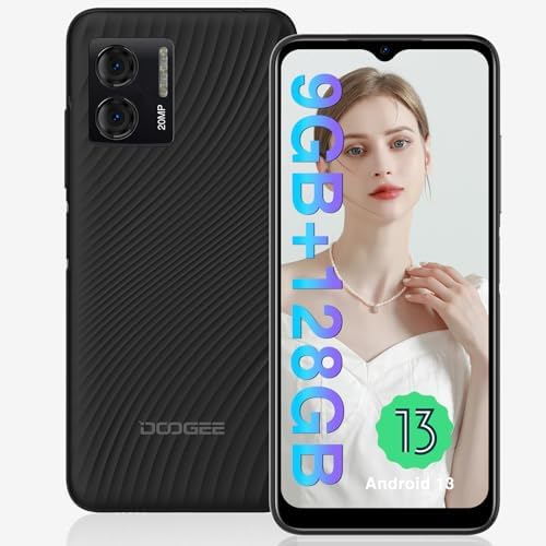 DOOGEE Mobile Phone, N50S Android 13 Phone Unlocked, 9GB+128GB/1TB, Octa-core, 6.52'' HD+ Display, 4200mAh, 10W Fast Charge, 20MP+8MP, 4G Dual Sim Free Unlocked, Face Unlocked, OTG, GPS - Black