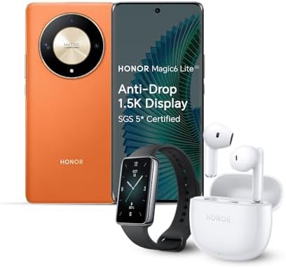 HONOR Magic6 Lite, Sim-Free Mobile Phones, 5G Smartphone, 8GB+256GB, 6,78” Anti-Drop 120Hz Display, 108MP Triple Rear Camera, 5300mAh Battery, Dual SIM, Android 13, Sunrise Orange